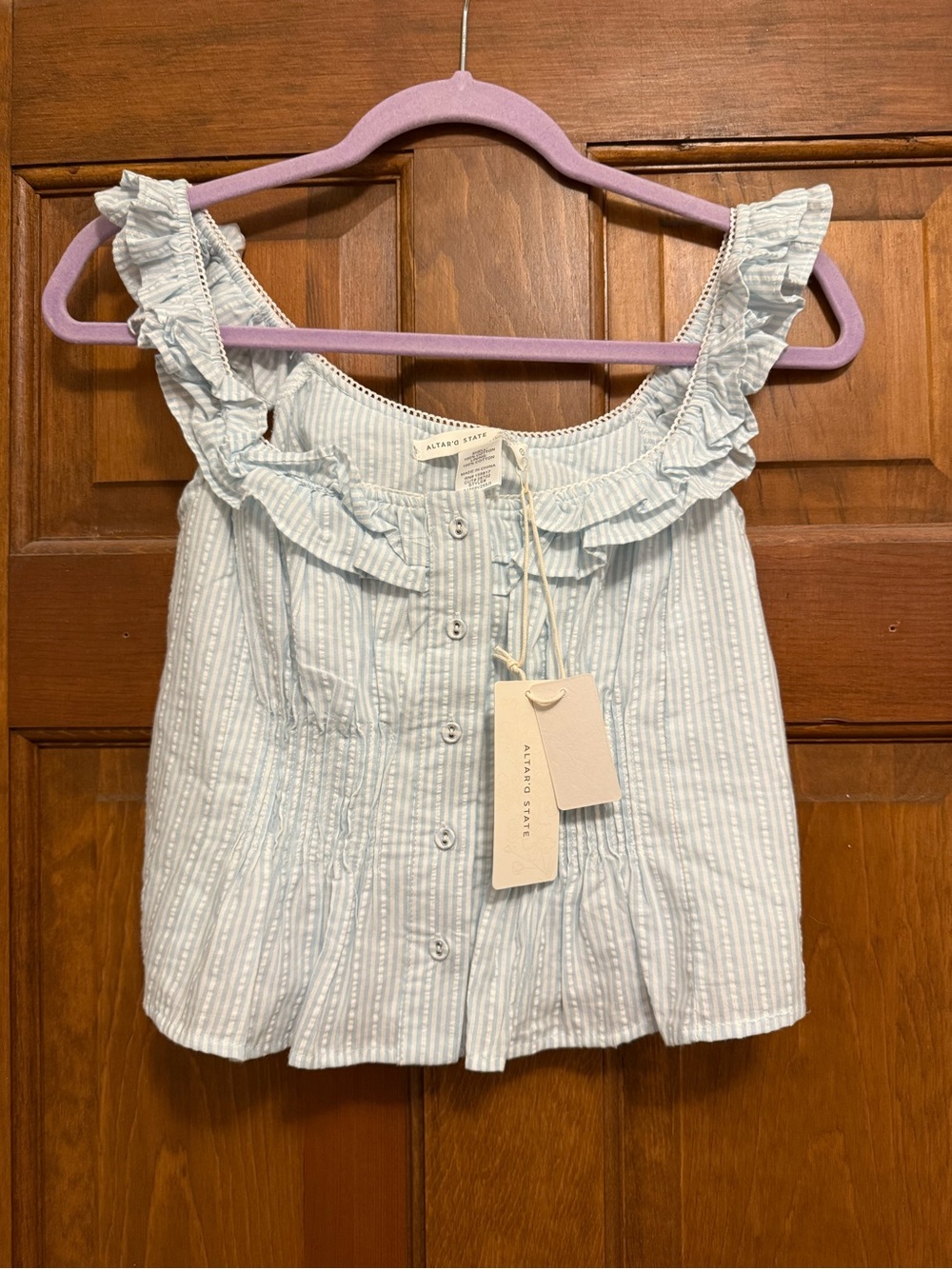 Altar'd State Light Blue & White Striped Ruffle-Trim Button Front Camisole